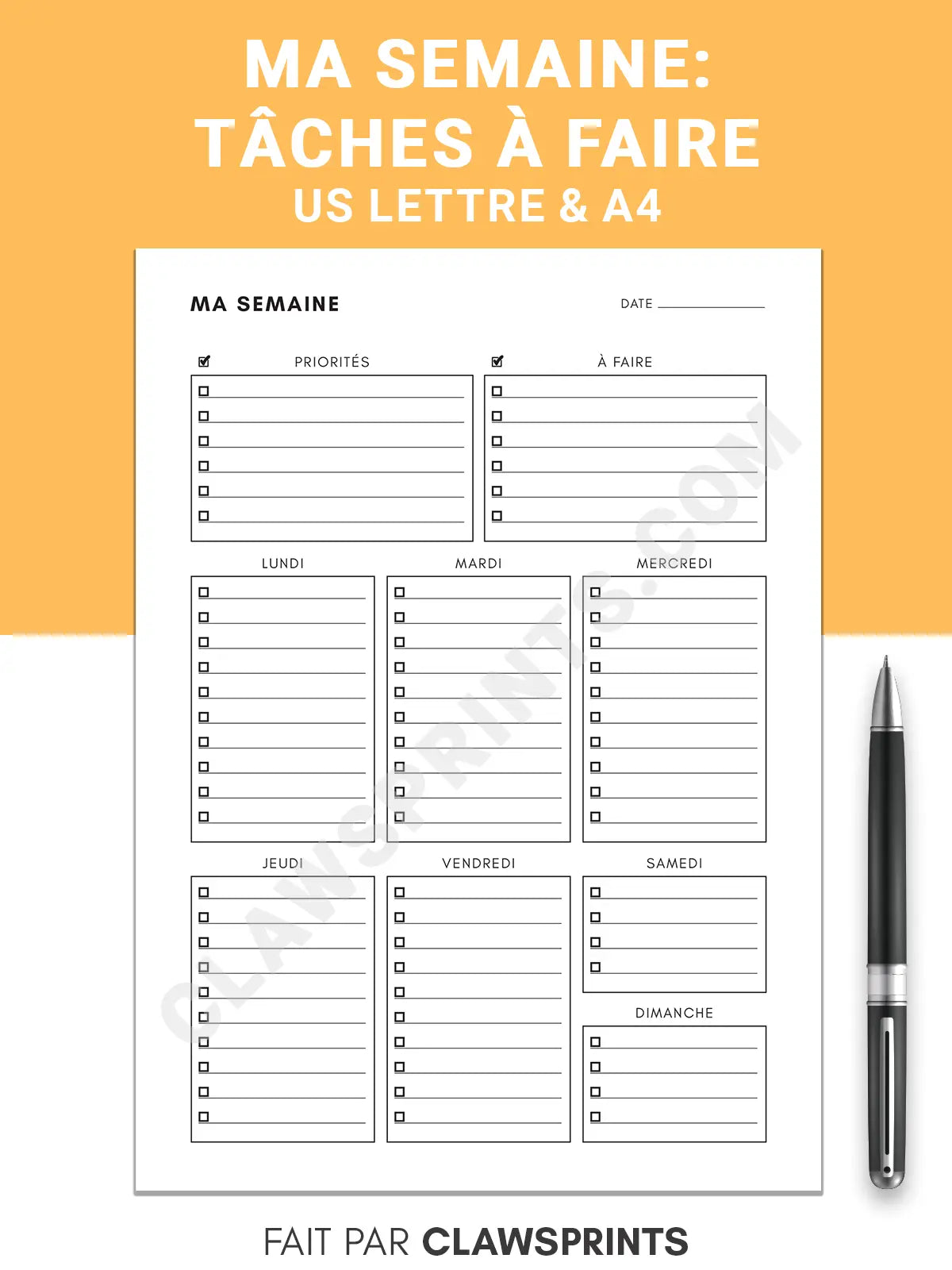 Ma Semaine - Liste de Tâches Hebdomadaires / Liste à Faire en Français , Taille A4 & Lettre US, Téléchargement Instantané PDF - S1