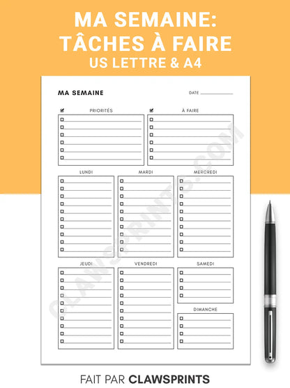 Ma Semaine - Liste de Tâches Hebdomadaires / Liste à Faire en Français , Taille A4 & Lettre US, Téléchargement Instantané PDF - S1