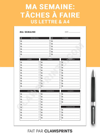 Ma Semaine - Liste de Tâches Hebdomadaires / Liste à Faire en Français , Taille A4 & Lettre US, Téléchargement Instantané PDF - S1