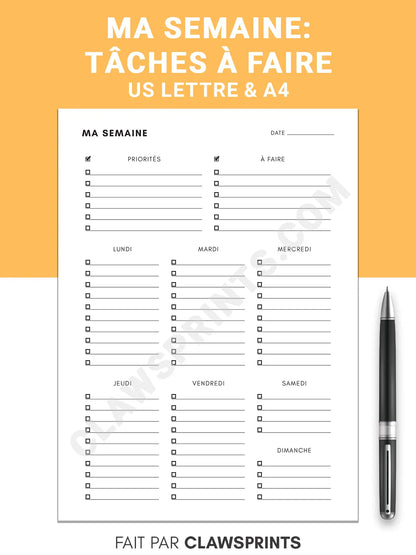 Ma Semaine - Liste de Tâches Hebdomadaires / Liste à Faire en Français , Taille A4 & Lettre US, Téléchargement Instantané PDF - S1