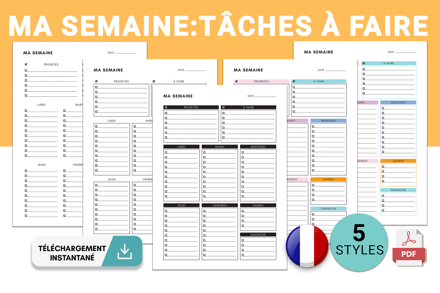 Ma Semaine - Liste de Tâches Hebdomadaires / Liste à Faire en Français , Taille A4 & Lettre US, Téléchargement Instantané PDF - S1