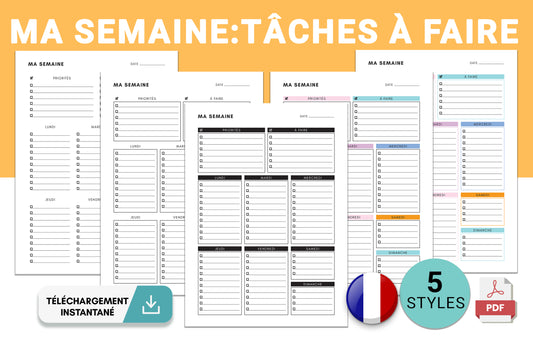 Ma Semaine - Liste de Tâches Hebdomadaires / Liste à Faire en Français , Taille A4 & Lettre US, Téléchargement Instantané PDF - S1