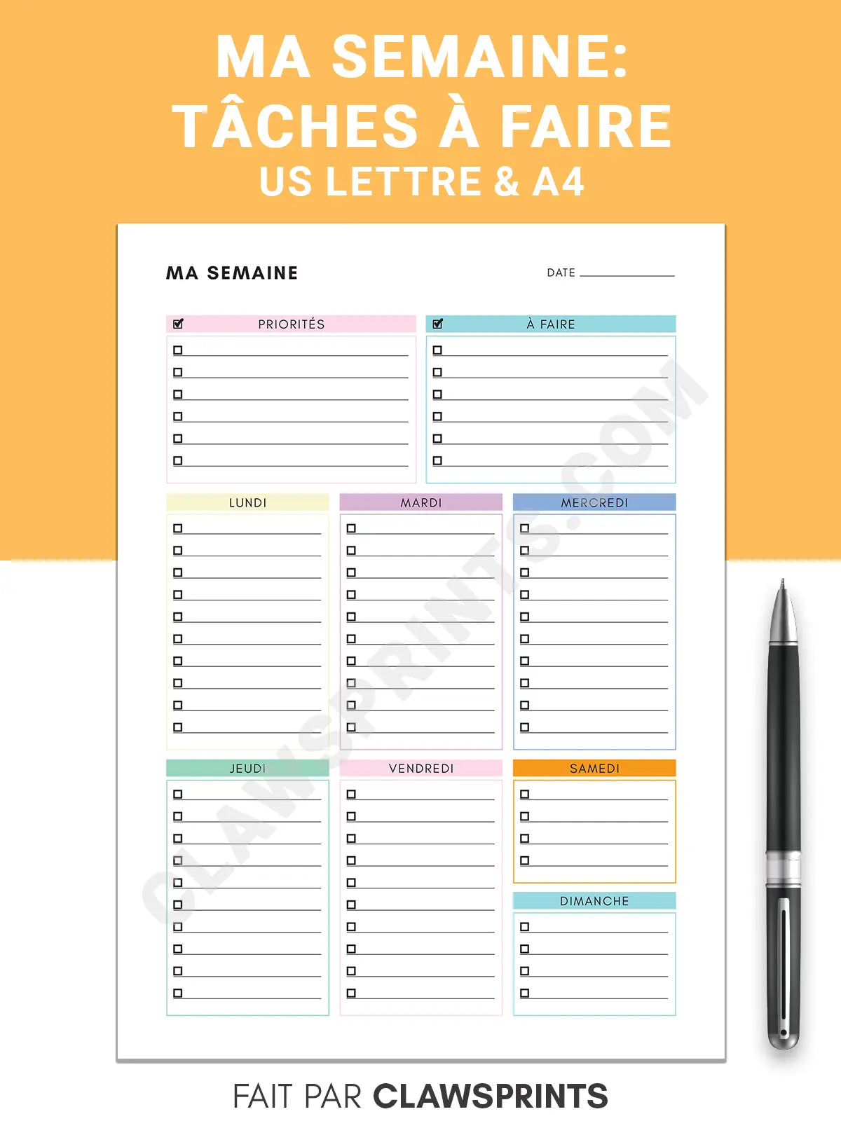 Ma Semaine - Liste de Tâches Hebdomadaires / Liste à Faire en Français , Taille A4 & Lettre US, Téléchargement Instantané PDF - S1